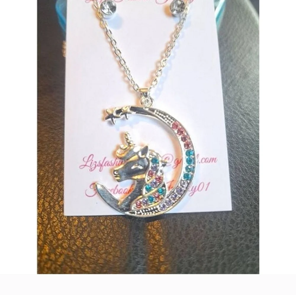 Unicorn Children Kids Necklace Earrings Set Gold Pl over Stainless NEW